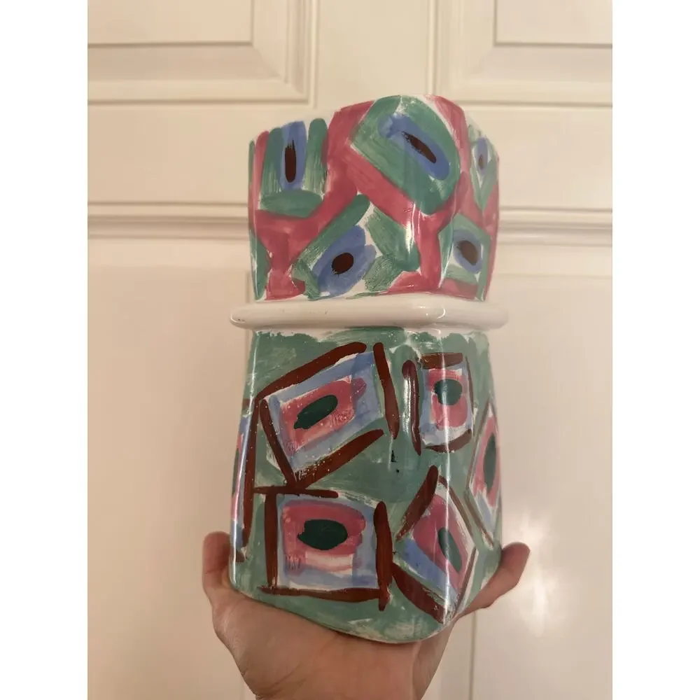 Vintage hand-painted vase colorful abstract unique rare one of a kind unique